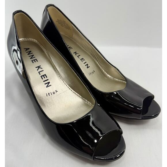 Anne Klein iFlex AK Megan Black Patent Peep Toe Block Heels Women’s 7.5M - Picture 1 of 15